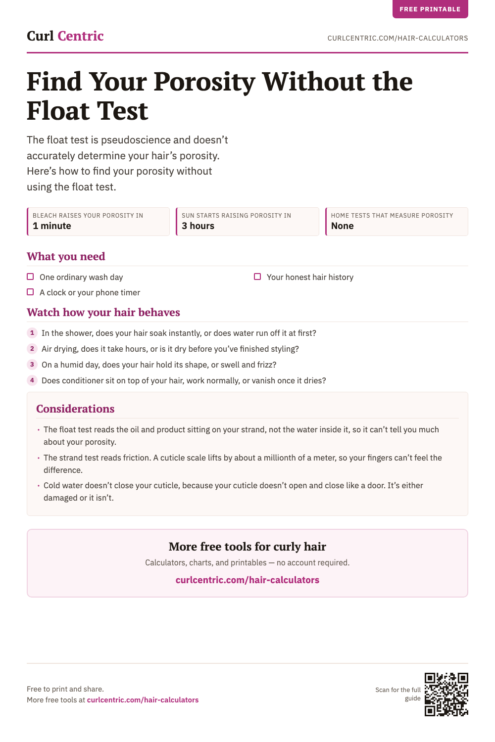 One page printable titled Find Your Porosity Without the Float Test, listing what you need, four questions about how your hair behaves on wash day, and a considerations box on why the float test, the strand test, and cold water do not tell you your porosity