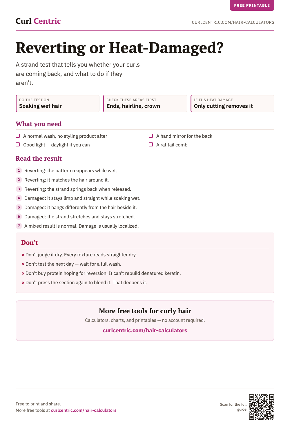 The Reverting or Heat-Damaged check, a one-page printable showing the strand test steps, how to read the result, and what to do next