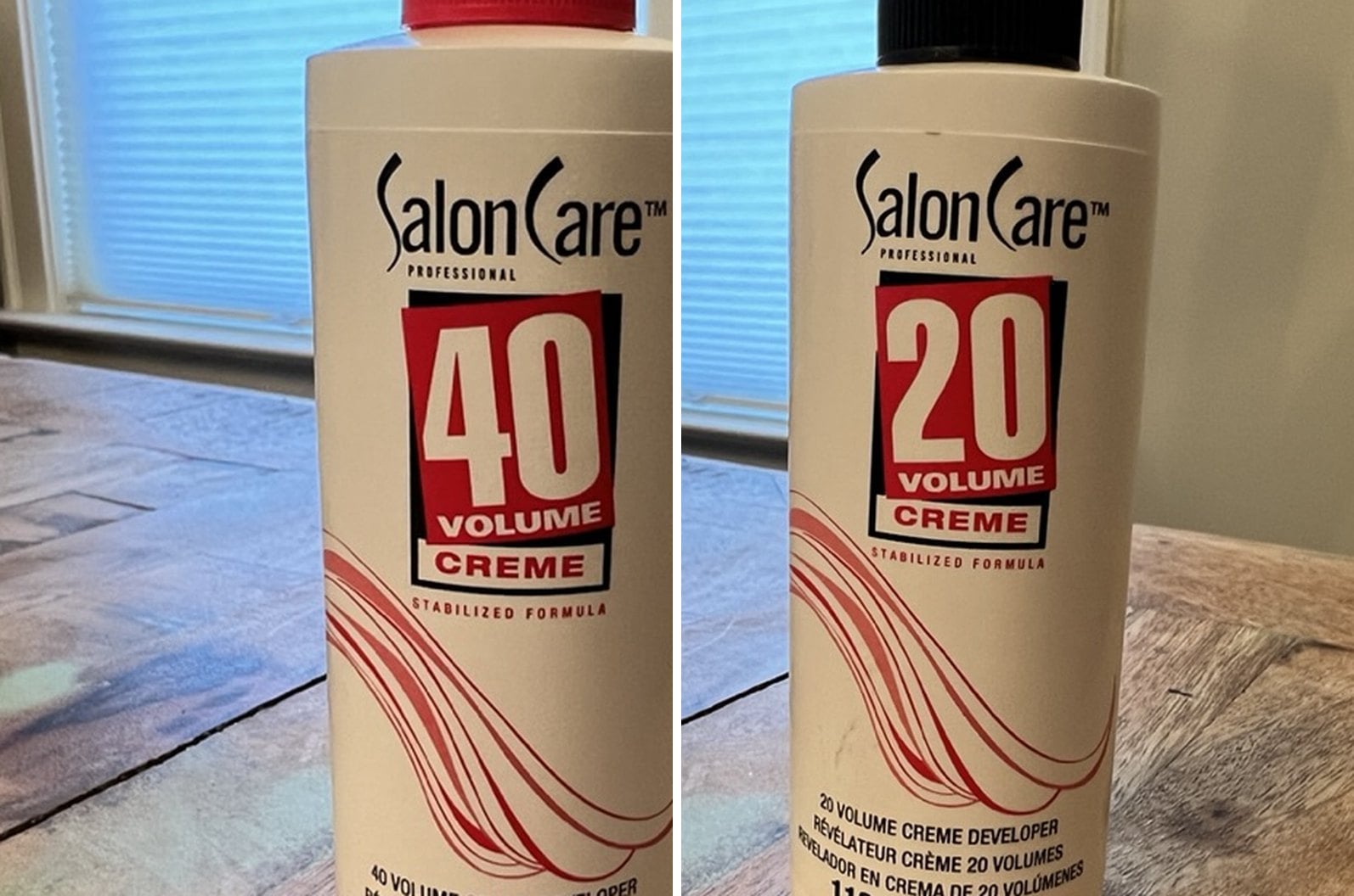A bottle of Salon Care 40 volume creme developer next to a bottle of 20 volume creme developer