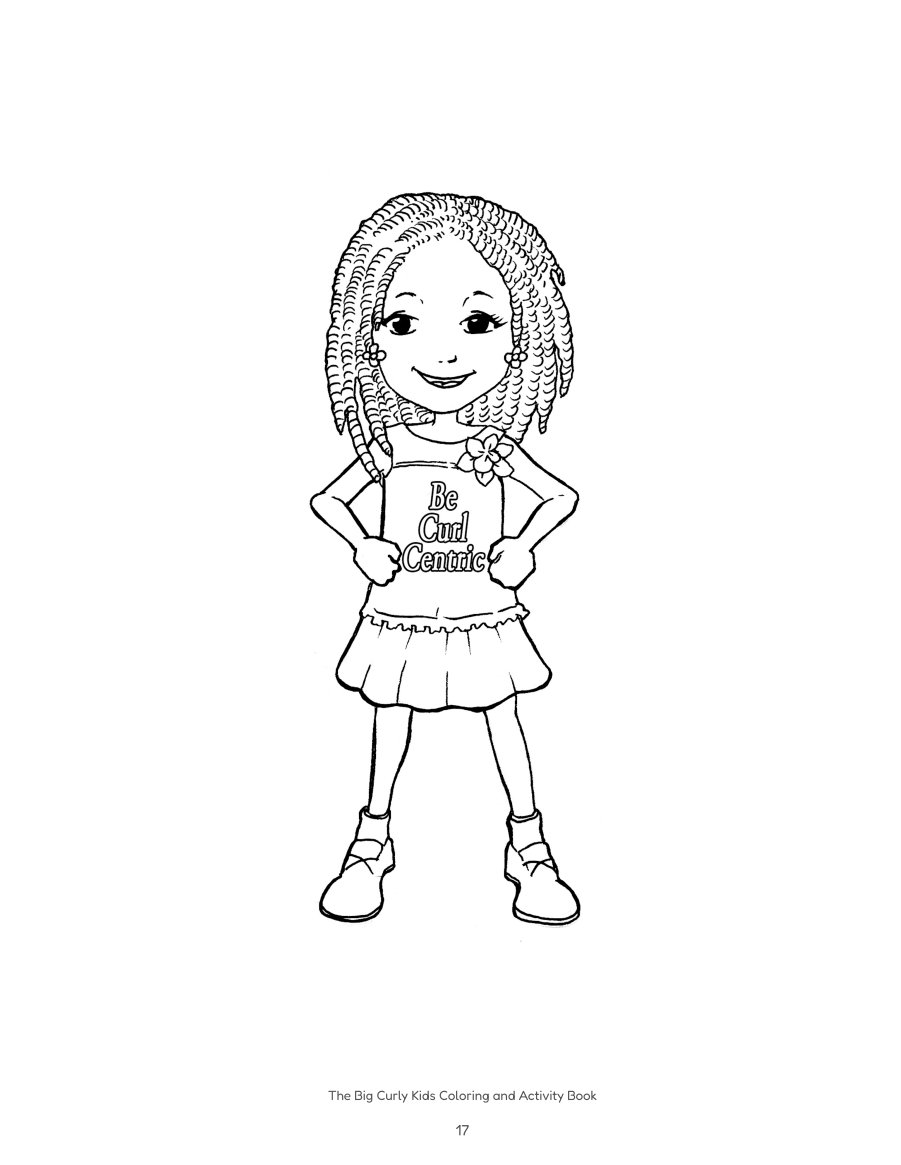 Coloring page of a smiling girl with long twists in a Be Curl Centric shirt