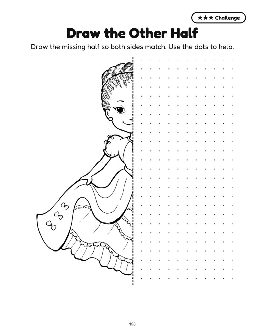 Half of a girl in a ball gown beside a dotted grid for drawing the other half