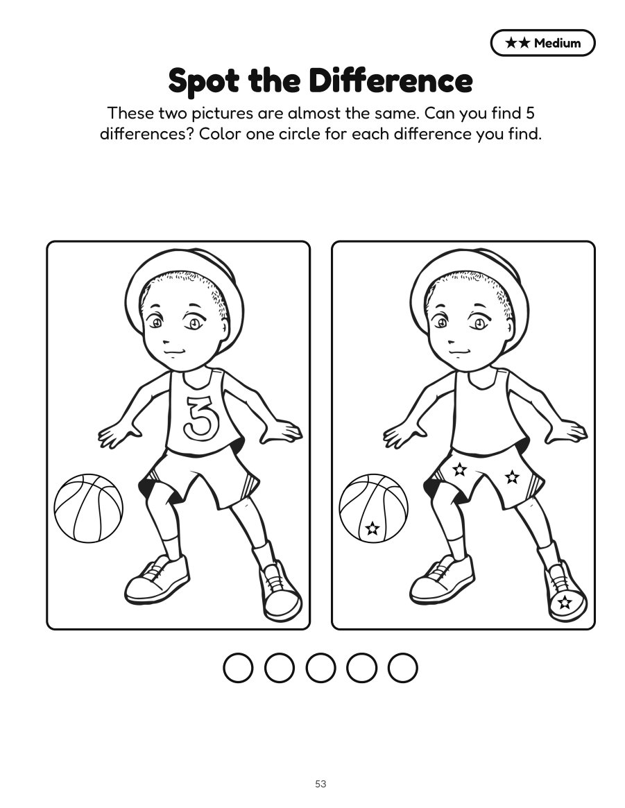 Two drawings of a boy dribbling a basketball, with five differences to find