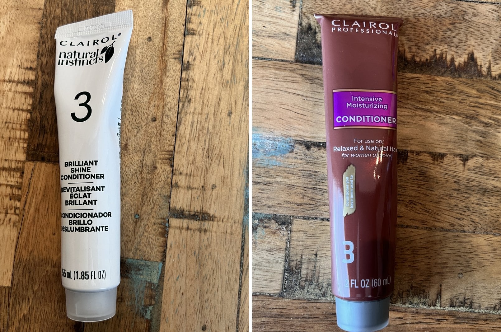 Two after-color conditioner tubes from Clairol dye kits, Natural Instincts and Textures and Tones, both numbered 3