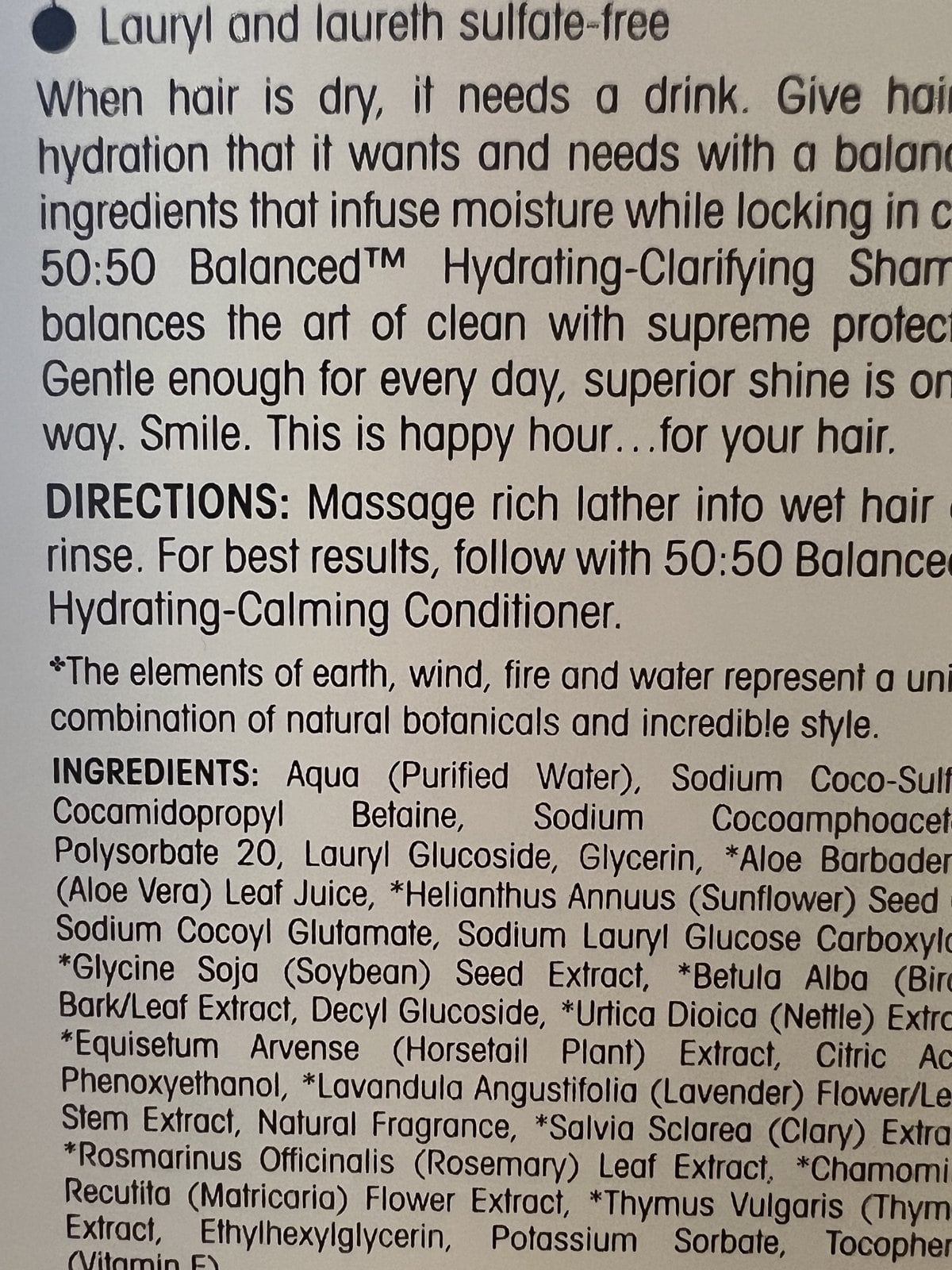Back label of Giovanni 50:50 Balanced Hydrating-Clarifying Shampoo marked lauryl and laureth sulfate-free