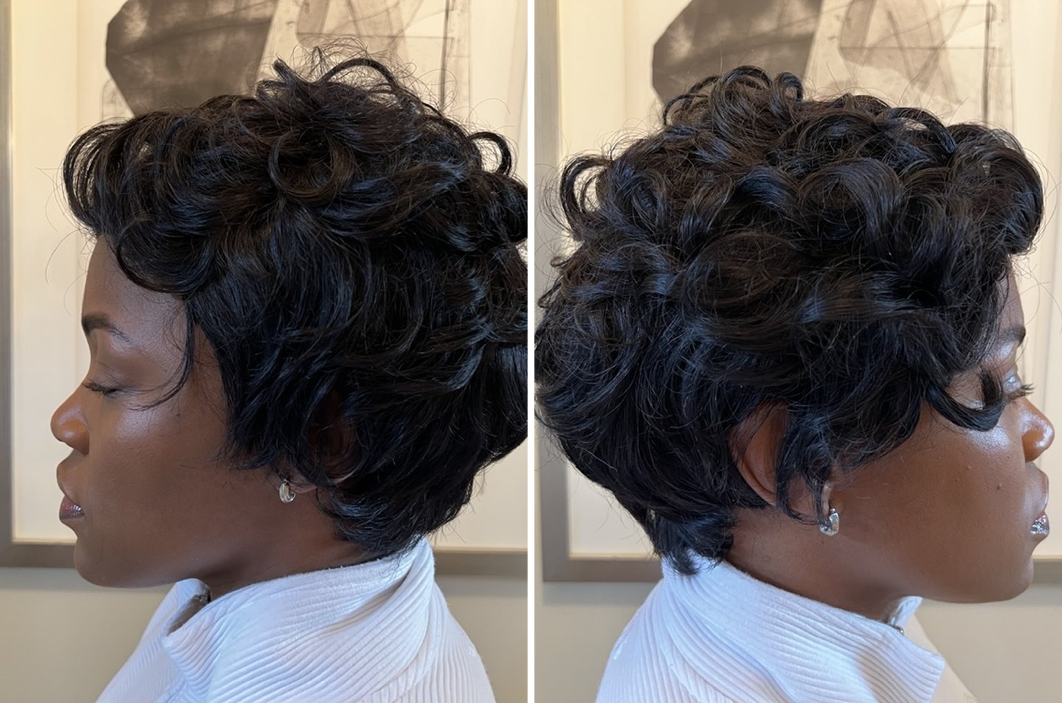 Kira Byrd in a short curly black wig, shown in profile from both sides