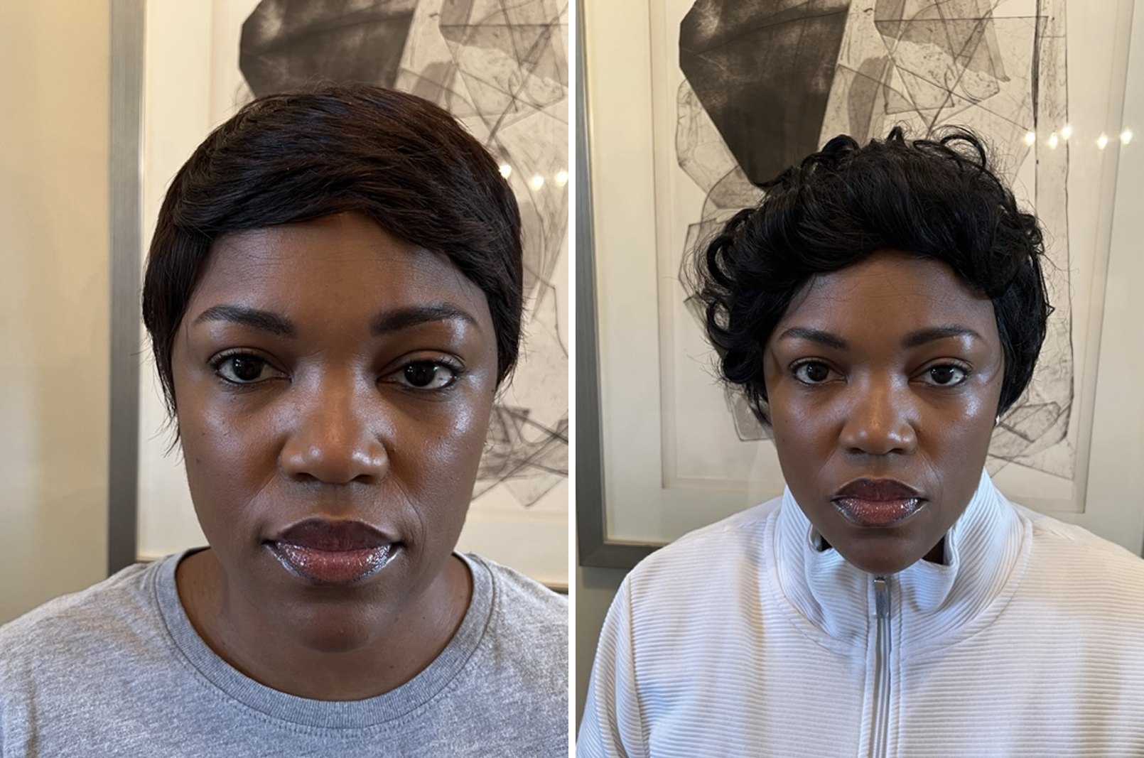 Kira Byrd facing the camera in two short wigs, a straight dark brown cut on the left and a curly black cut on the right