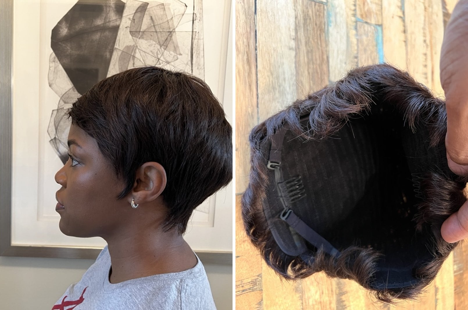 Kira Byrd in profile wearing a short layered dark brown wig, beside the inside of a wig cap with a strap and combs