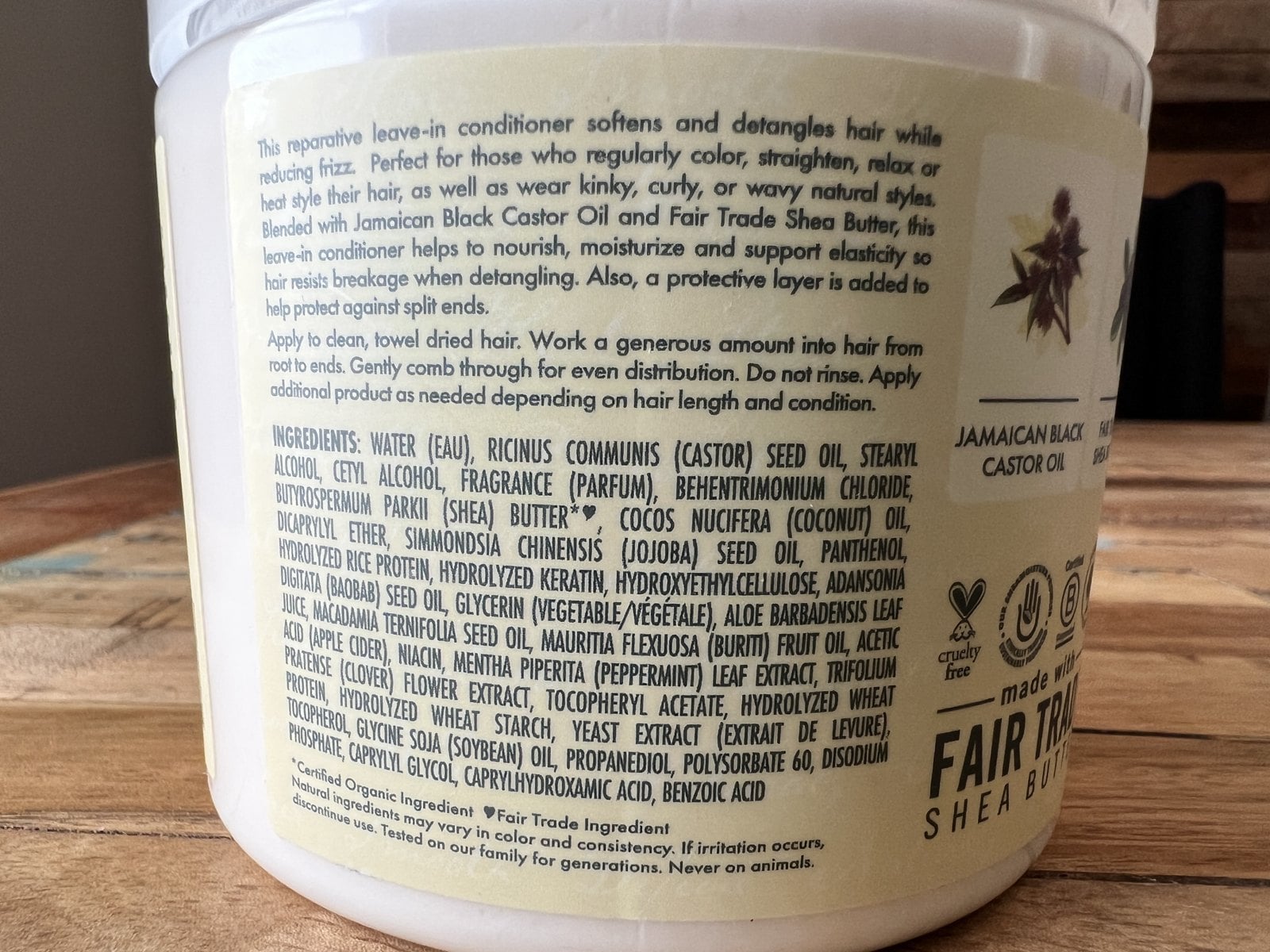 Ingredient list on a tub of SheaMoisture Jamaican Black Castor Oil Strengthen and Restore Leave-In Conditioner