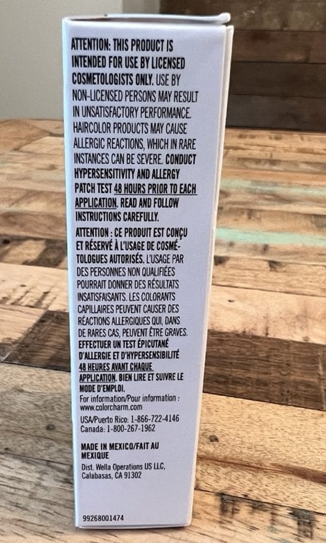 Side panel of a Wella Color Charm box telling you to conduct an allergy patch test 48 hours prior to each application