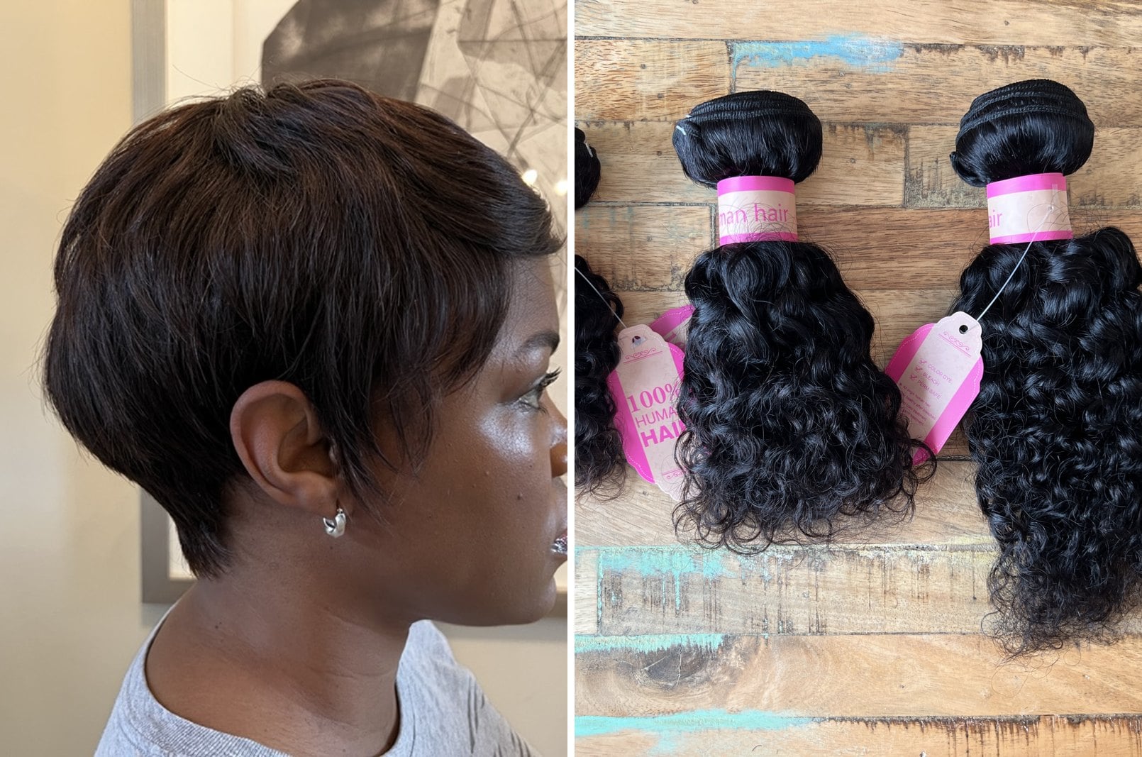 Side view of Kira Byrd in a short straight wig next to bundles of curly weave hair on a wood table